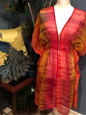 Vibrant Red-Orange Tie-Dye Kimono Cover-Up